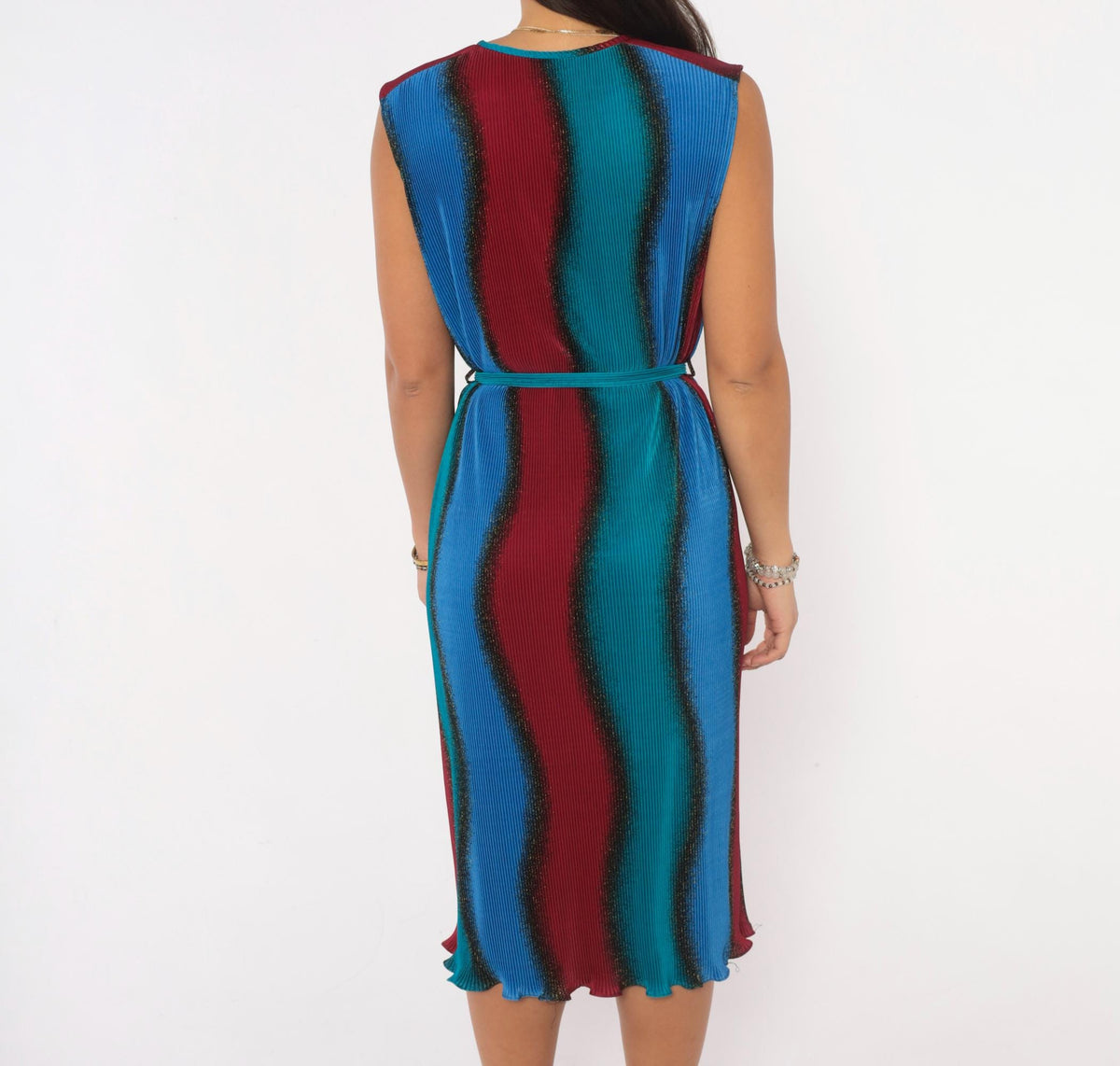 90s Plisse Pleated Ombre Dress Cobalt Blue Burgundy Sleeveless Large