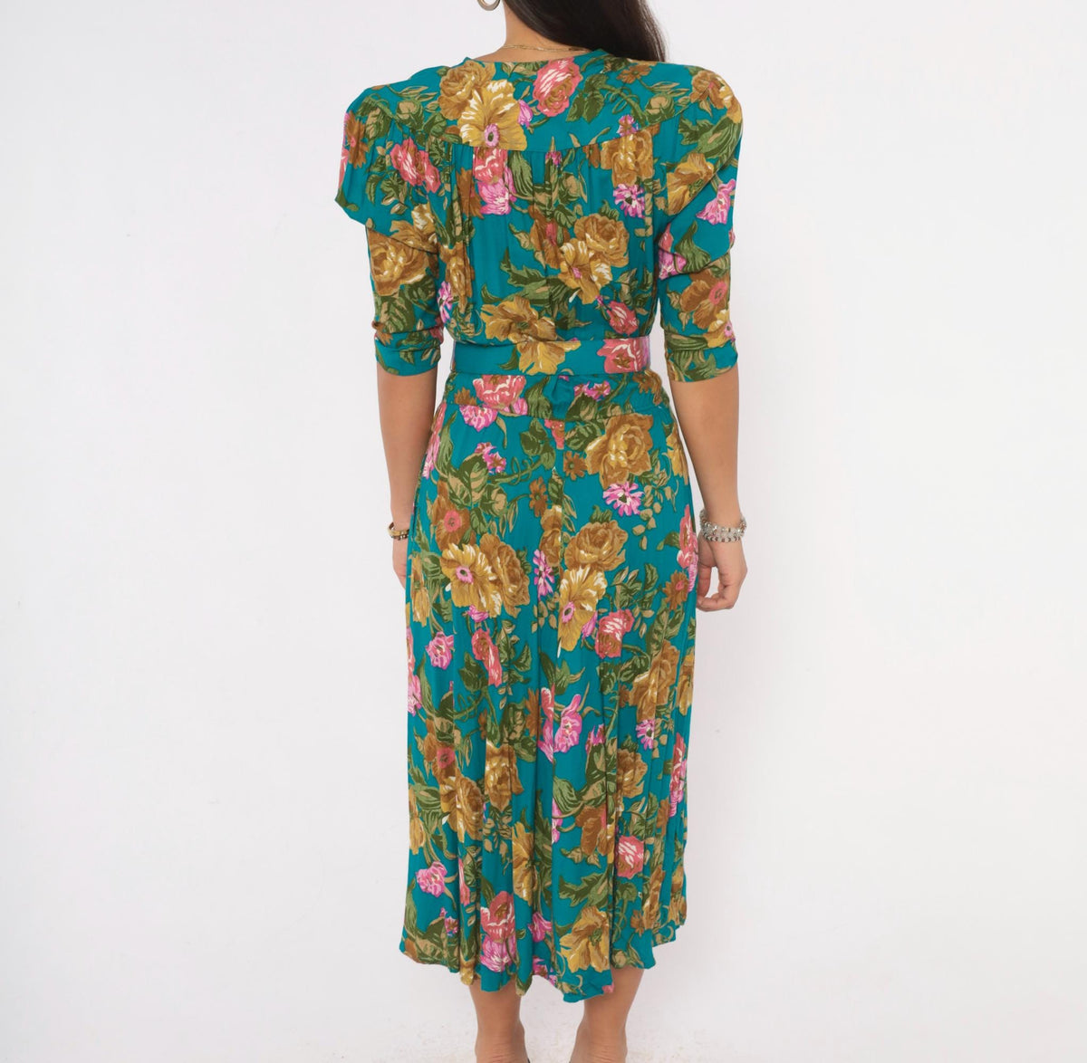 90s Carol Anderson Teal Floral Midi Dress Puff Sleeve Button Front Small S