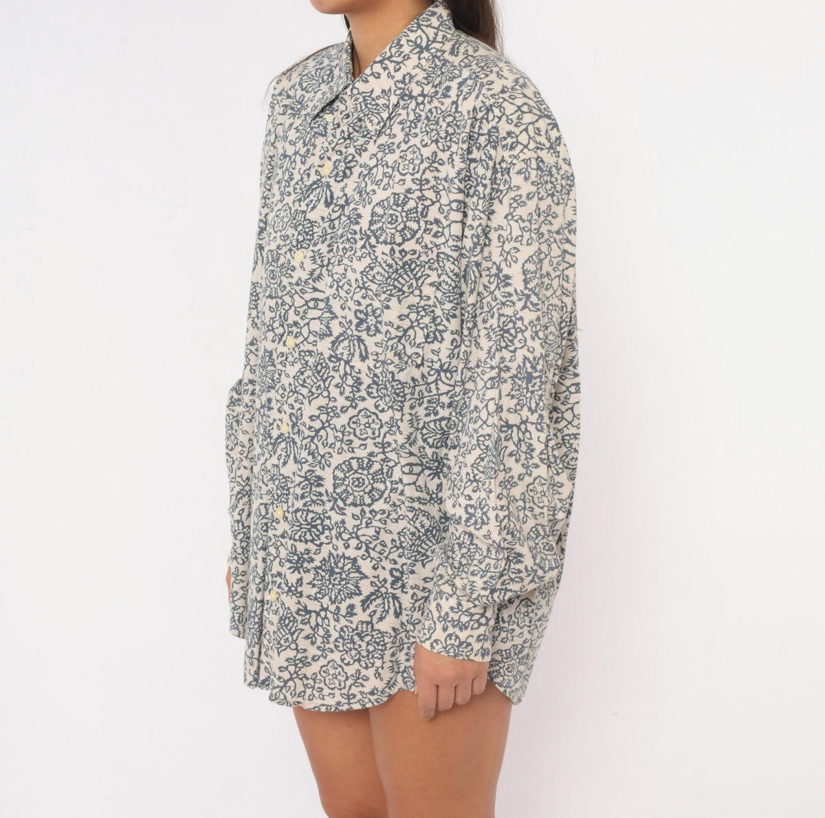 90s Banana Republic Floral Print Cotton Shirt Cream Navy Button Front Extra Large