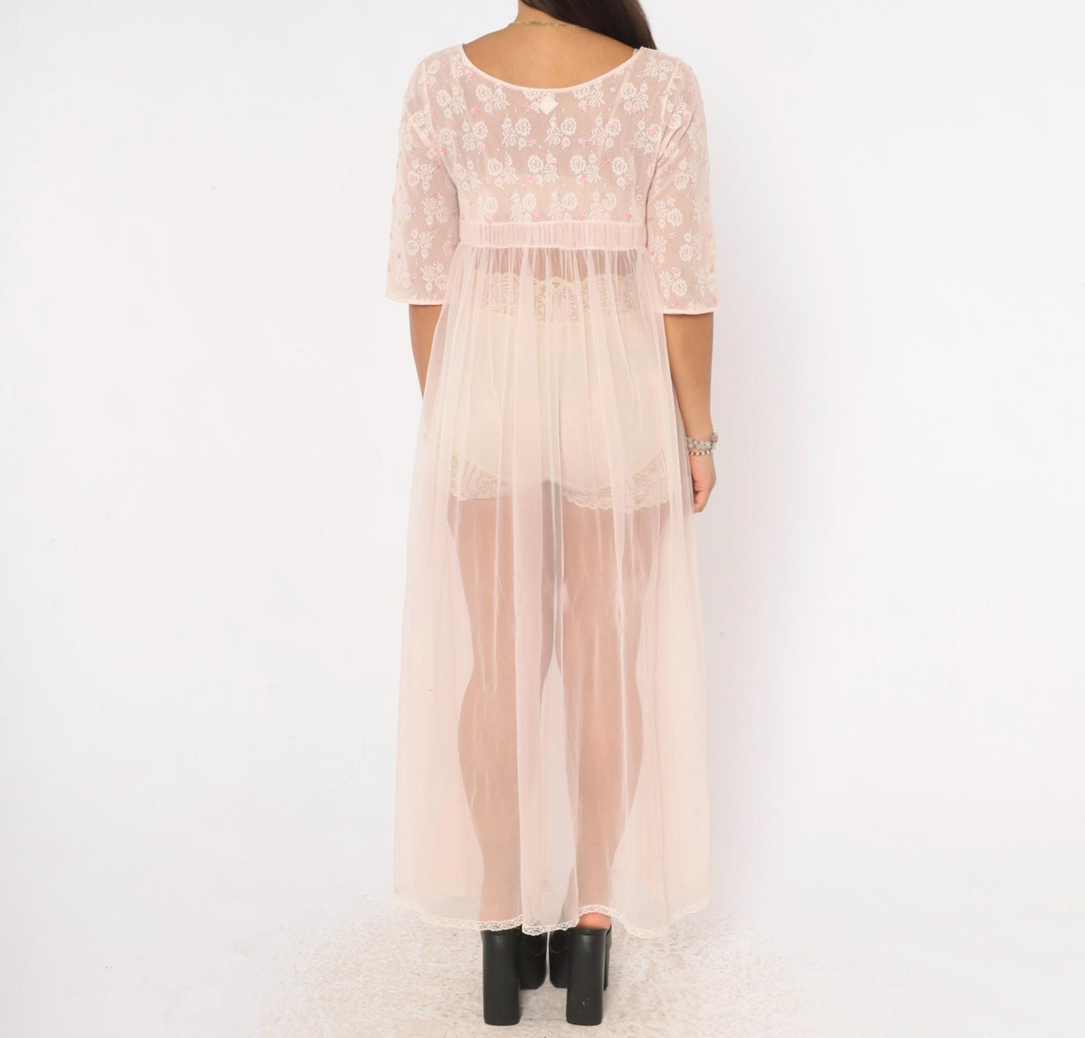 70s Miss Elaine Pink Sheer Peignoir Maxi Robe Lace Embroidered Extra Small