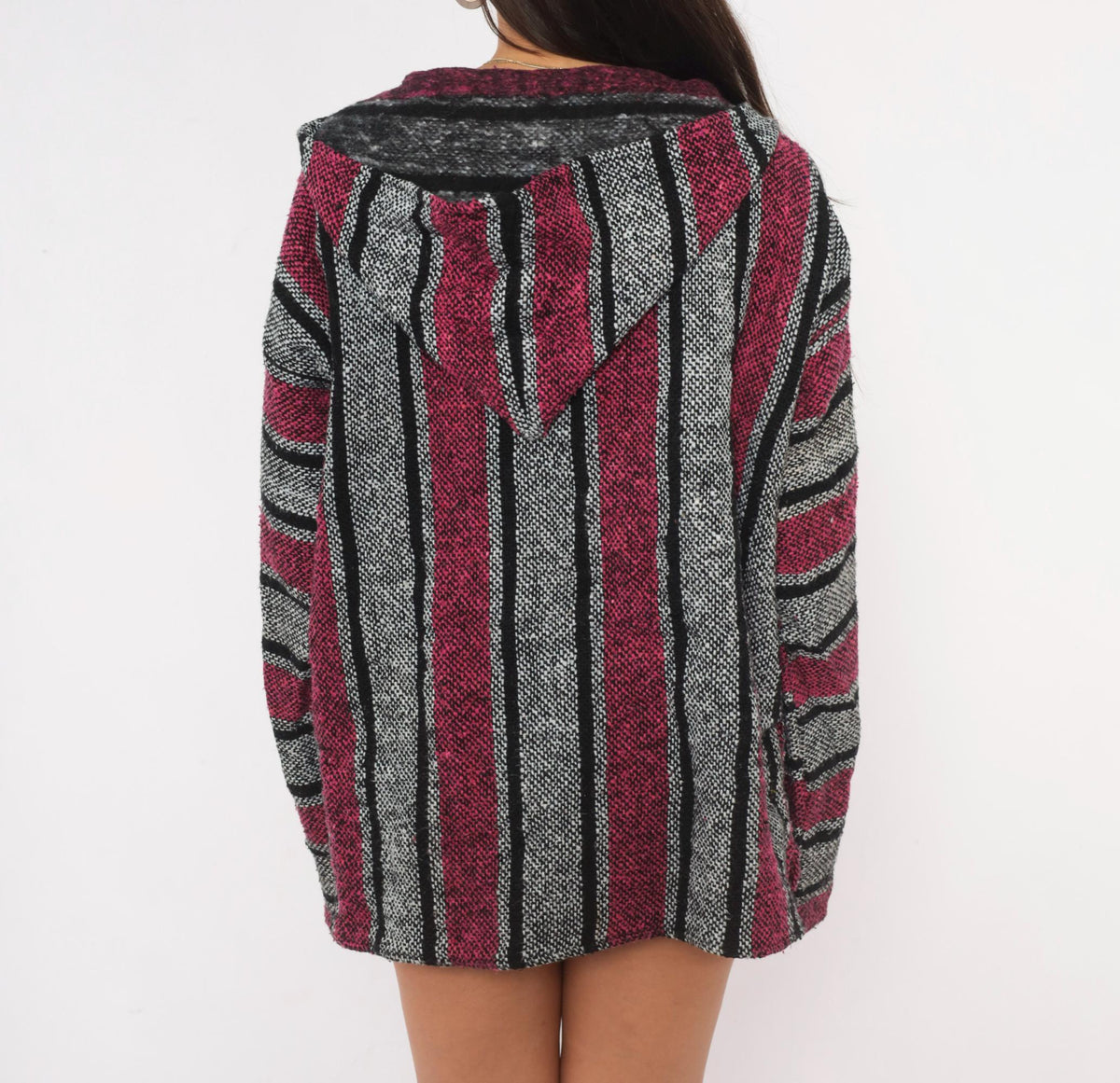 90s Baja Hoodie Pink Black Grey Striped Woven Pullover Large L