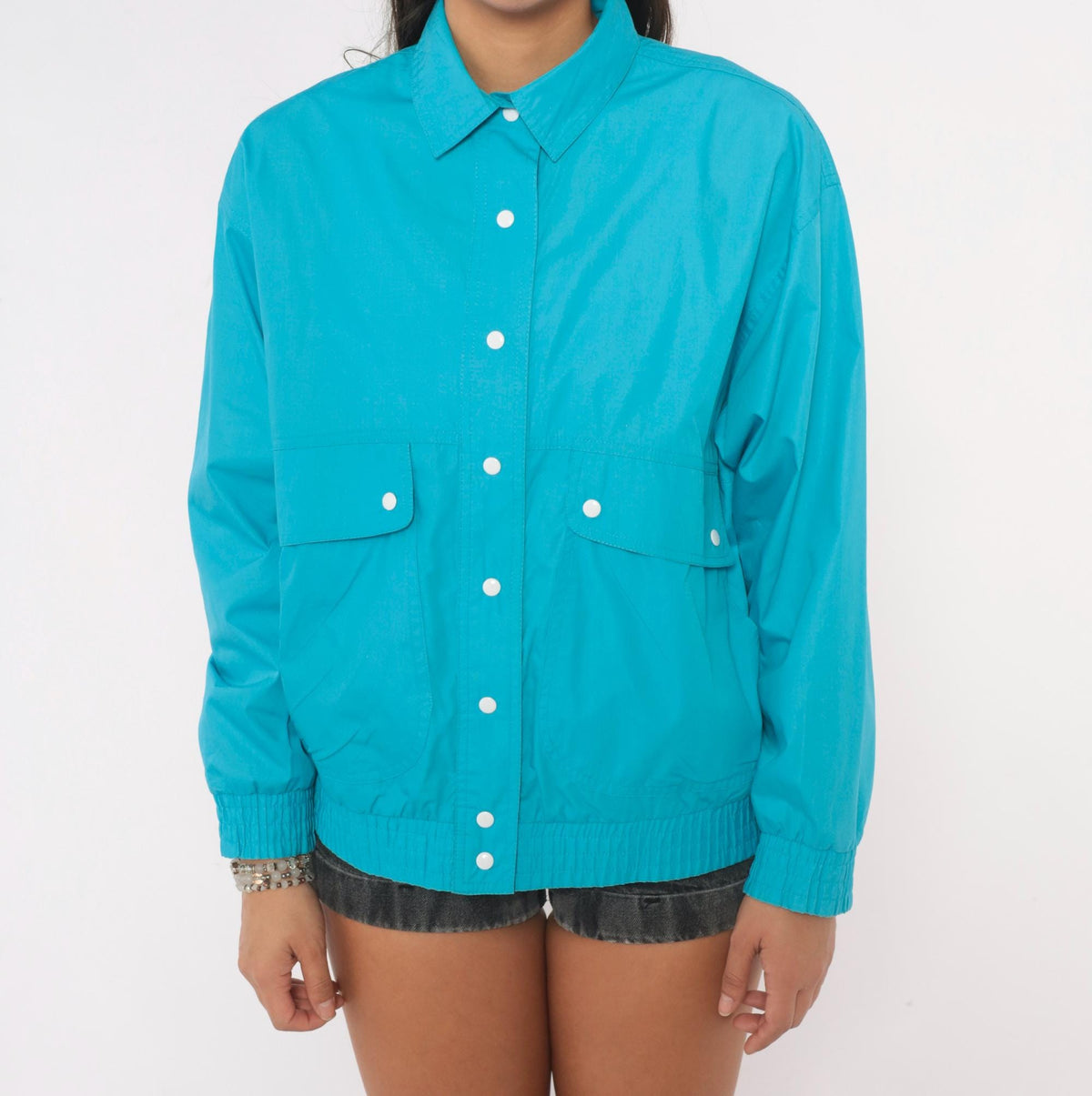 80s Koret Petites Teal Bomber Jacket Snap Front Pointed Collar Small S