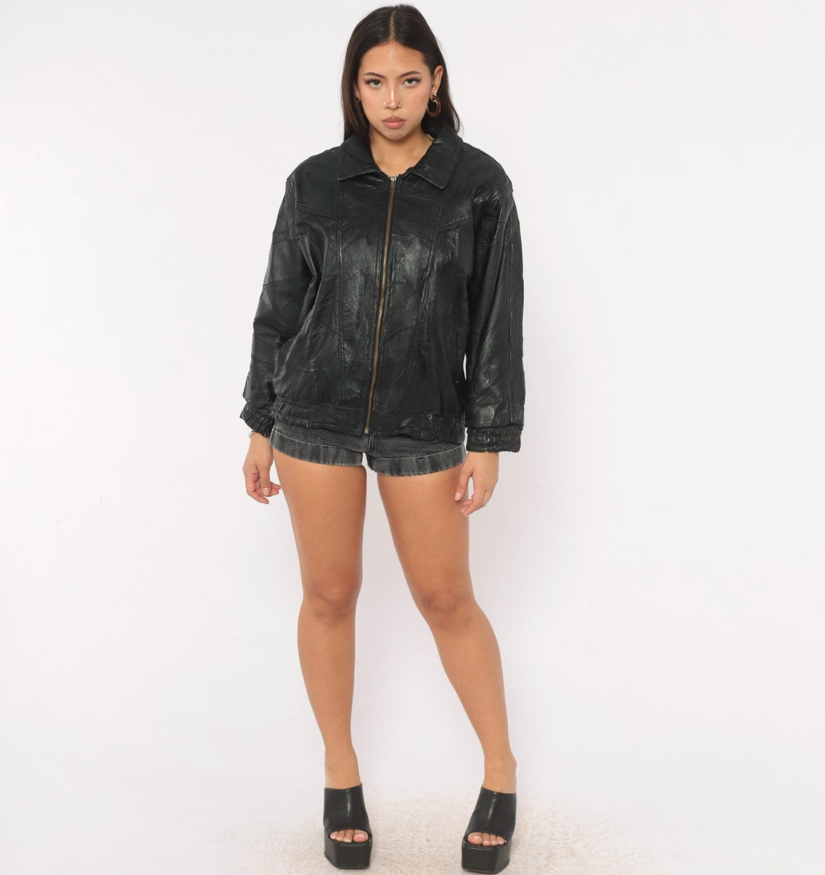 90s Italian Stone Design Black Leather Patchwork Bomber Jacket Small S