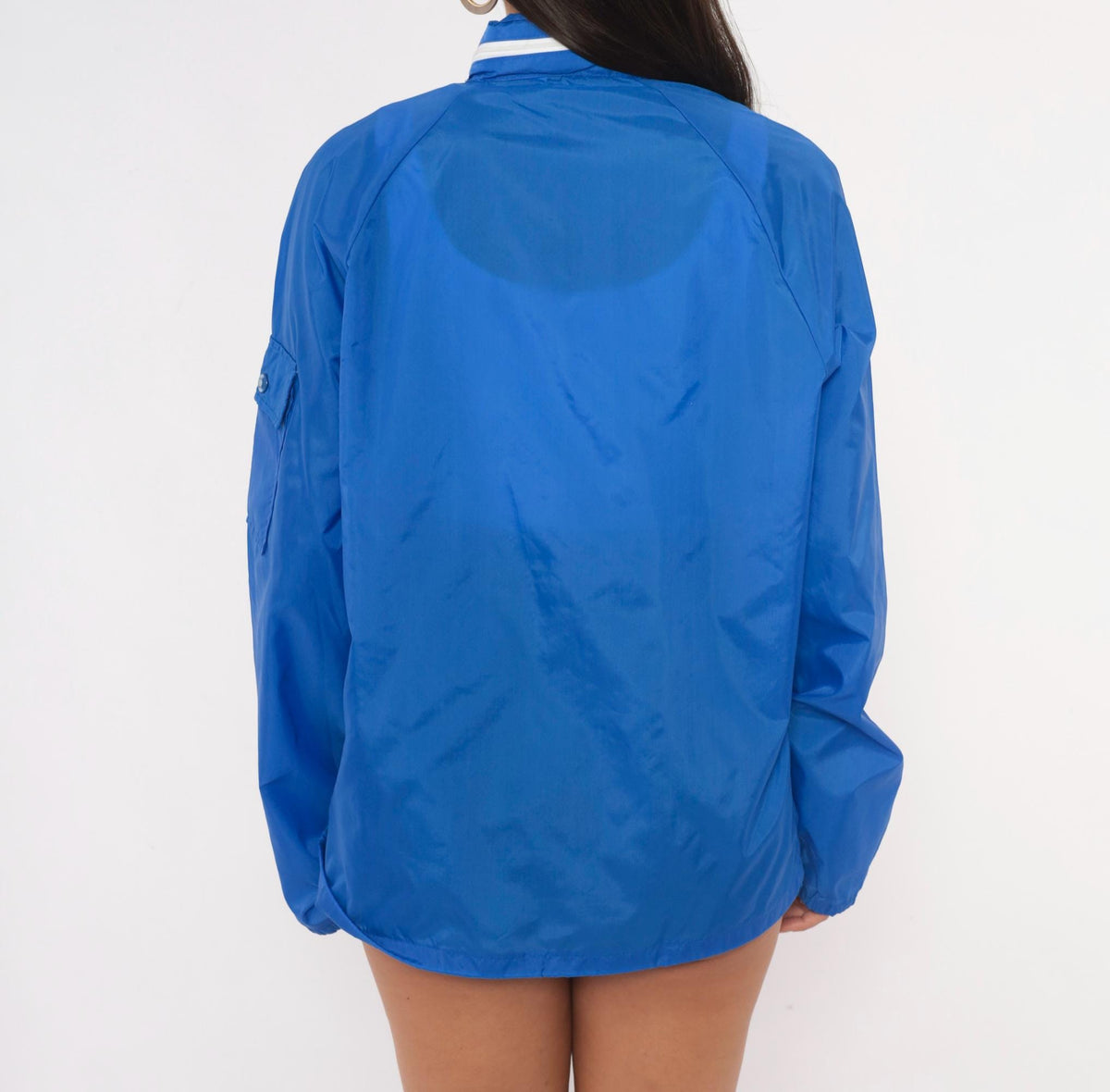70s Cobalt Nylon Windbreaker Jacket Hooded Raglan Zip Front Royal Blue Medium