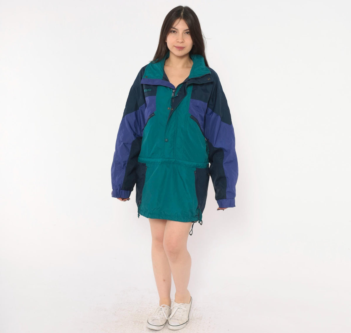 90s Columbia Anorak Navy Teal Purple Color Block Windbreaker Half Zip Small