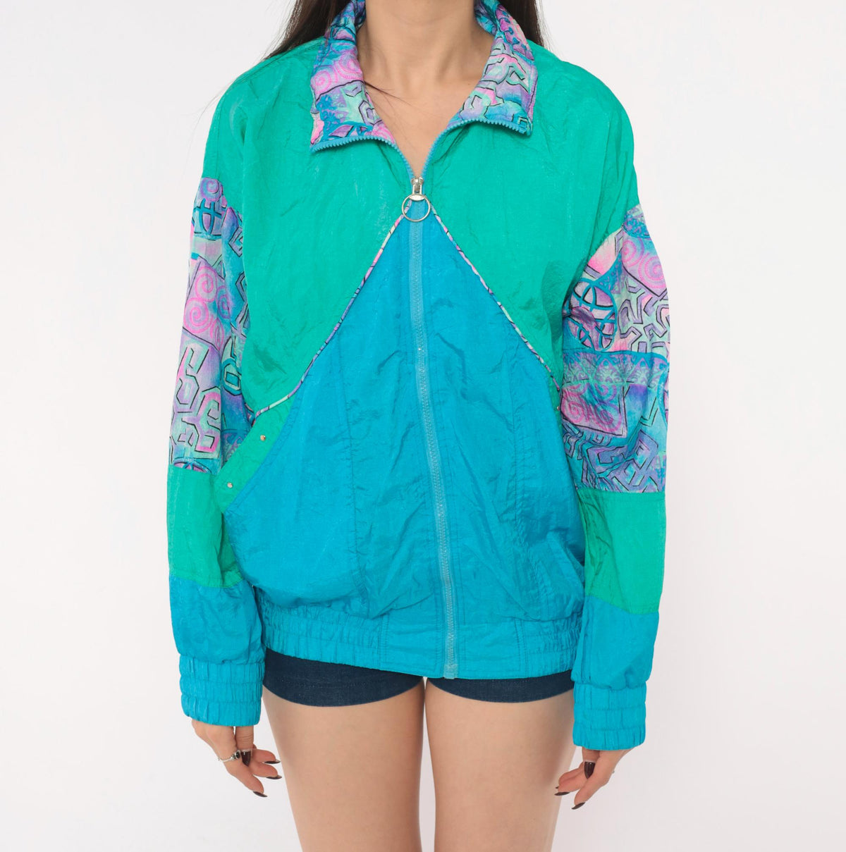 90s Otello Pelle Teal Windbreaker Geometric Color Block Jacket Medium