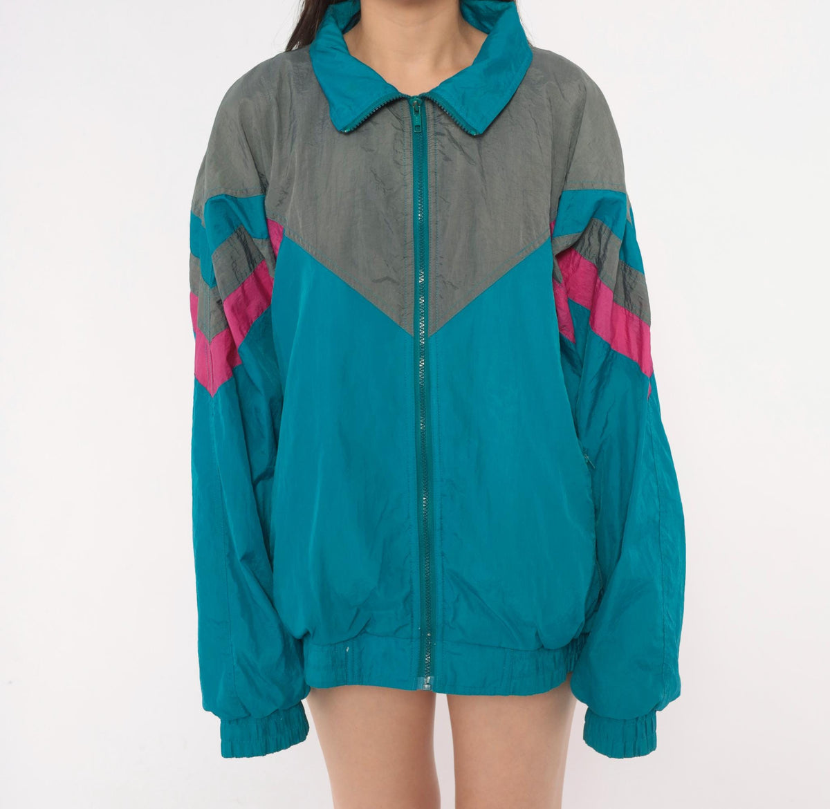 90s Pacific Sports Windbreaker Teal Blue Chevron Colorblock Jacket Large L