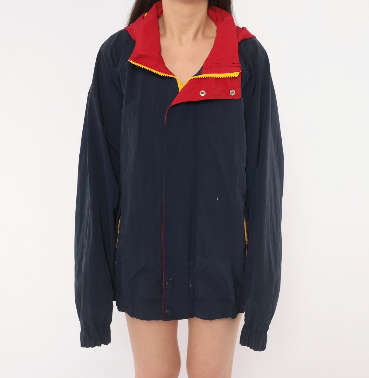 90s Croft & Barrow Navy Windbreaker Hooded Jacket Color Block Red Yellow Extra Large