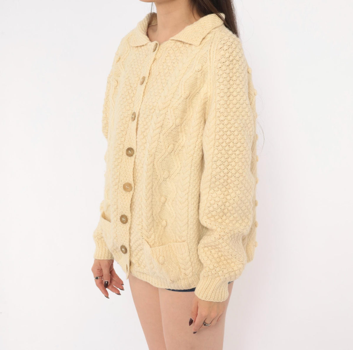 80s Cream Cable Knit Wool Cardigan Fisherman Collar Button Front Large L
