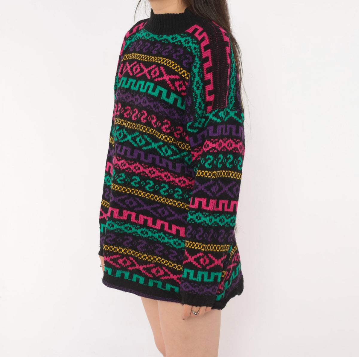 90s Private Eyes Fair Isle Sweater Black Rainbow Geometric Knit Large L
