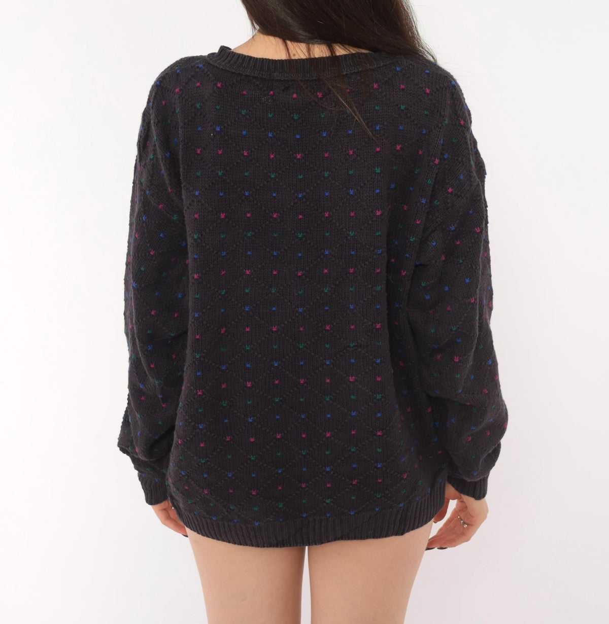 80s Eddie Bauer Cotton Knit Pullover Navy Diamond Pattern Medium