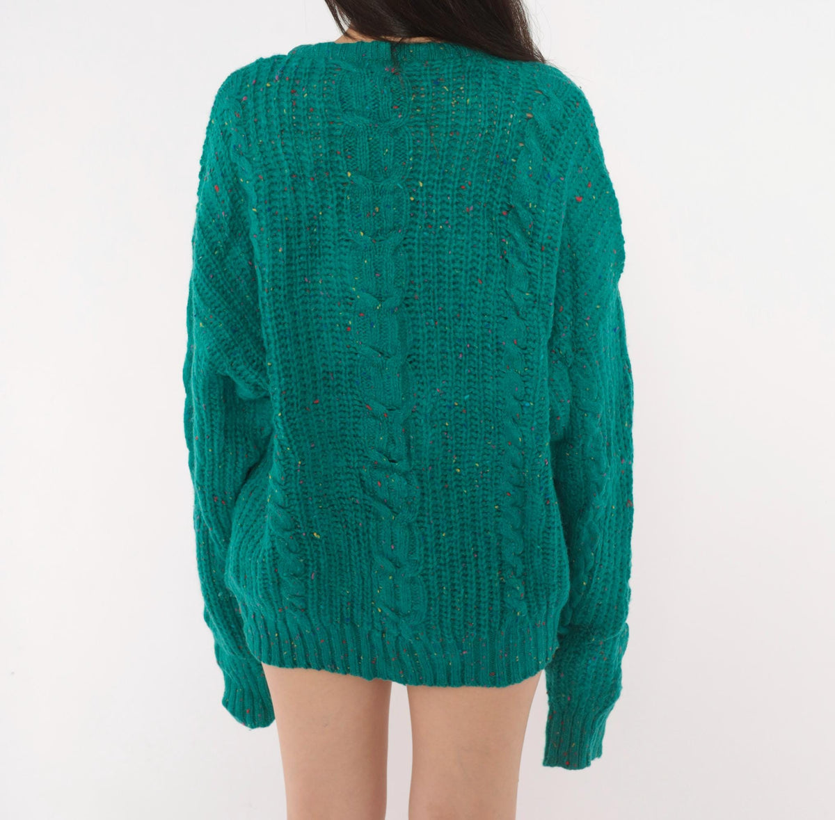 90s Cattivo Teal Cable Knit Wool Sweater Multicolor Speckled Crewneck Extra Large