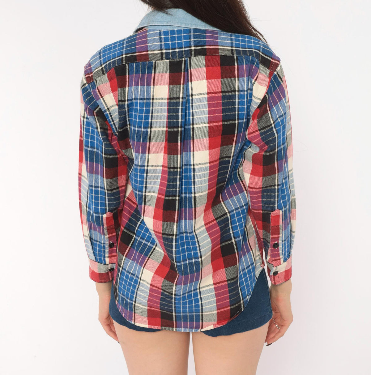 90s Plaid Flannel Shirt Blue Red Cotton Button-Up Small