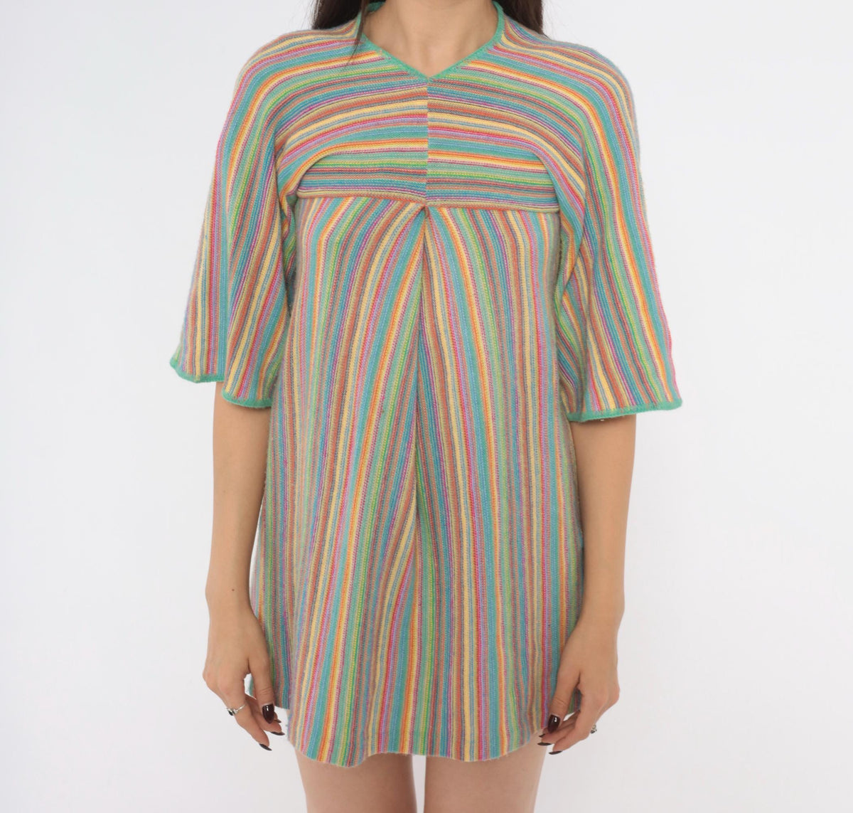 70s Key of Gee Rainbow Striped Knit Mini Dress V Neck A Line Extra Small