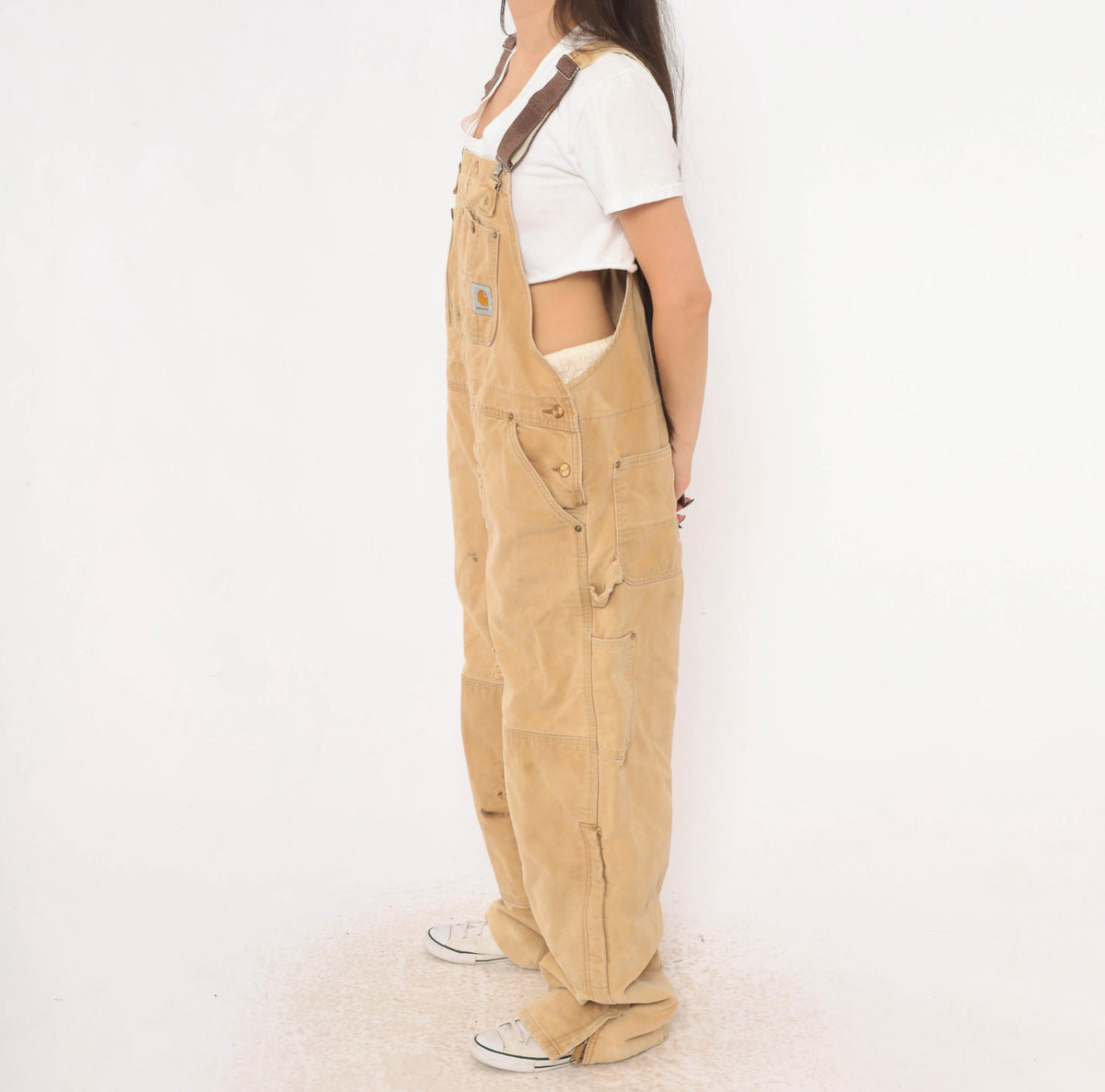 90s Carhartt Tan Duck Canvas Bib Overalls Distressed Workwear Small