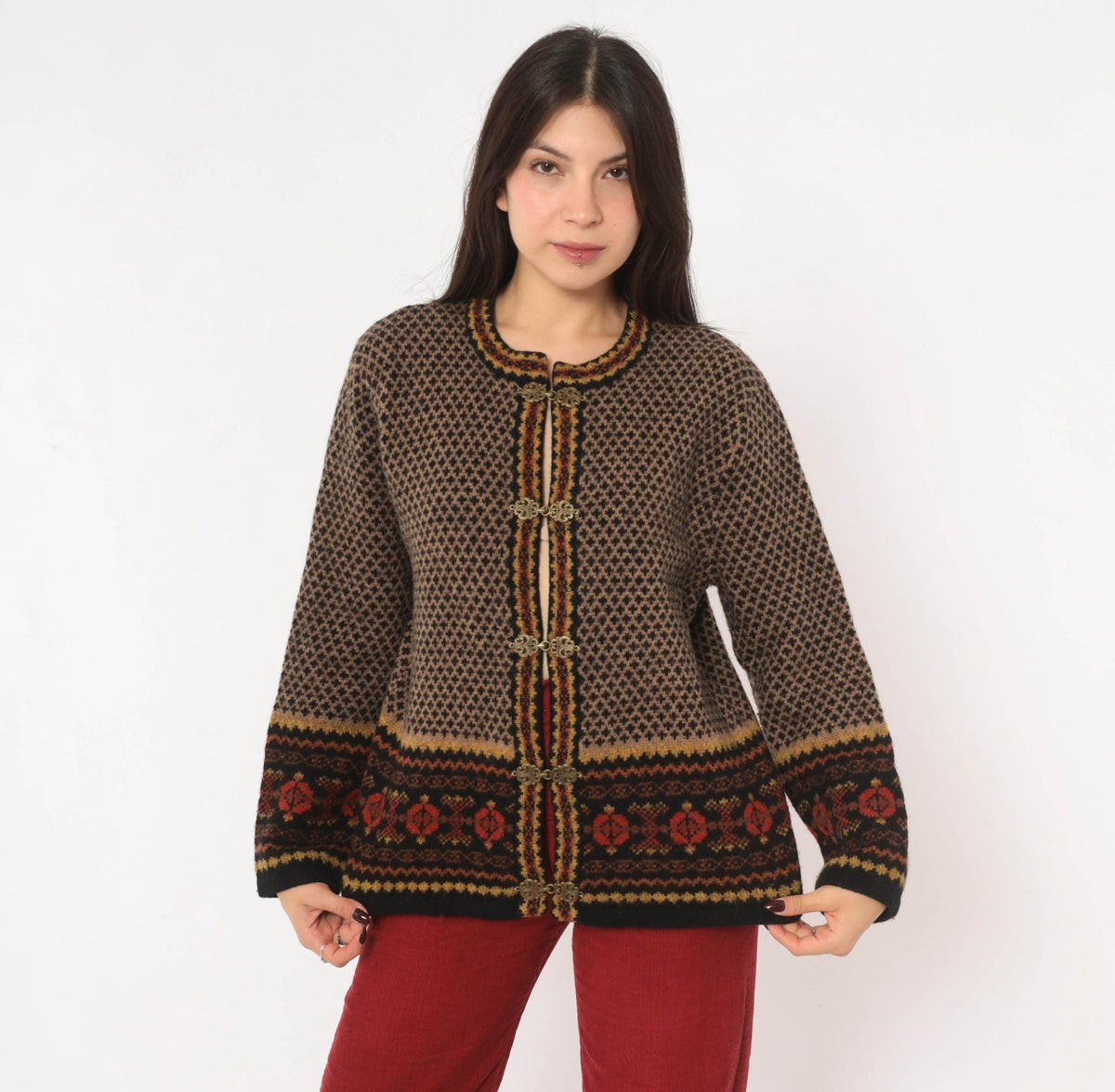 90s Skyr Wool Cardigan Black Tan Fair Isle Nordic Knit Small S