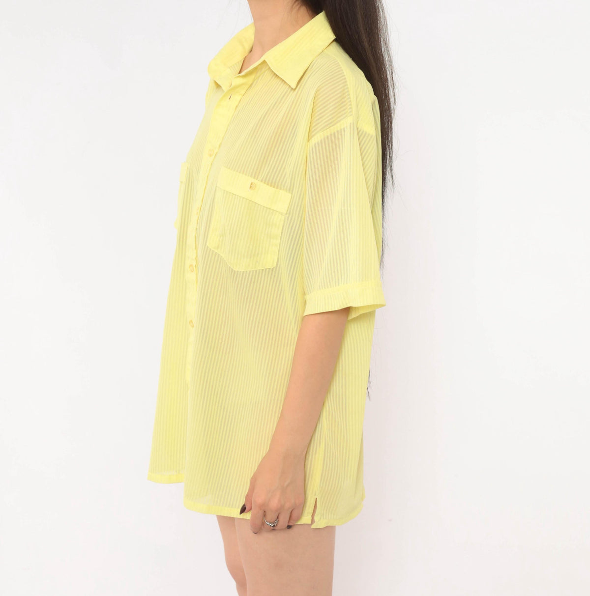 70s Jean Phillipe Yellow Striped Button-Up Shirt Pointed Collar Sheer Large