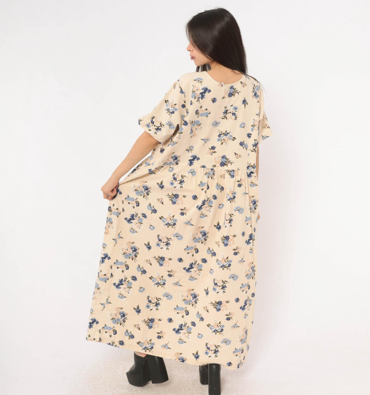 90s Studio C Floral Linen Maxi Dress Cream Navy Plus Size XXL