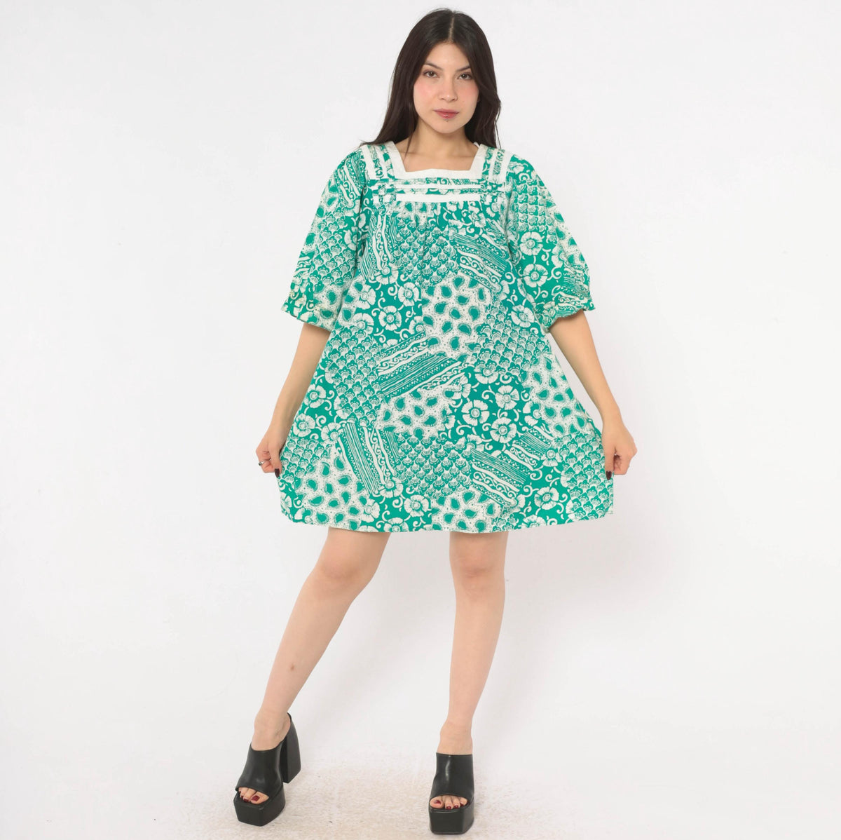 90s Expressions Teal Batik Floral Cotton Dress Square Neck Puff Sleeve Medium M