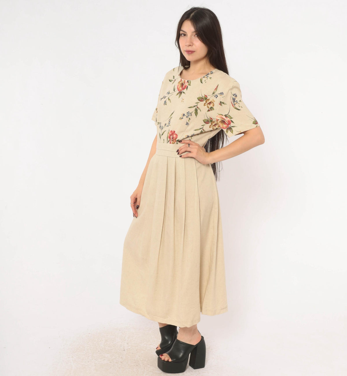 90s Just in Thyme Floral Midi Dress Cream Rose Print A-Line Large L