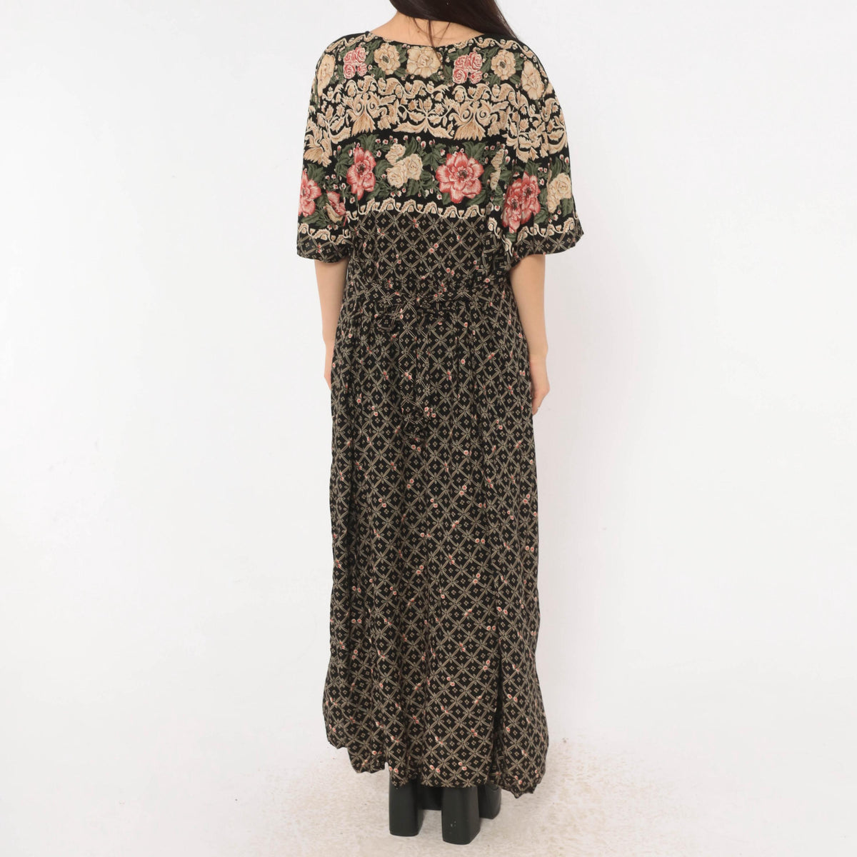 90s Fashion Bug Black Floral Maxi Dress Rose Border Pink Cream Plus Size 3X
