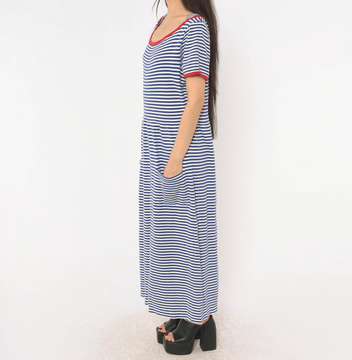 90s Talbots Striped Cotton Maxi Dress Cobalt Blue White Red Trim Large L