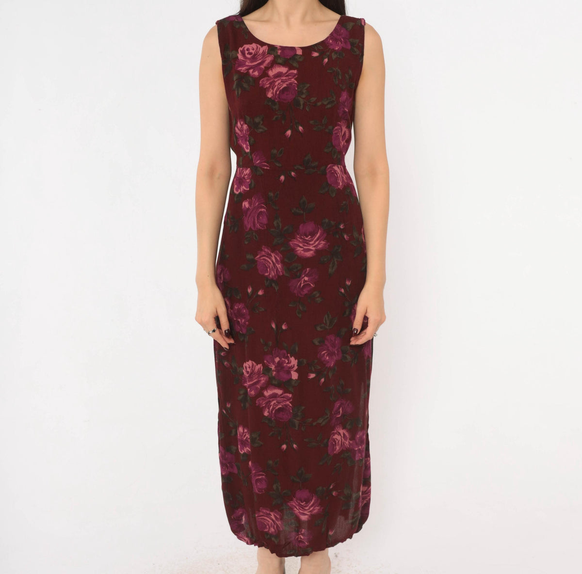 90s Chadwick's Burgundy Floral Midi Dress Sleeveless Tie Back Medium M