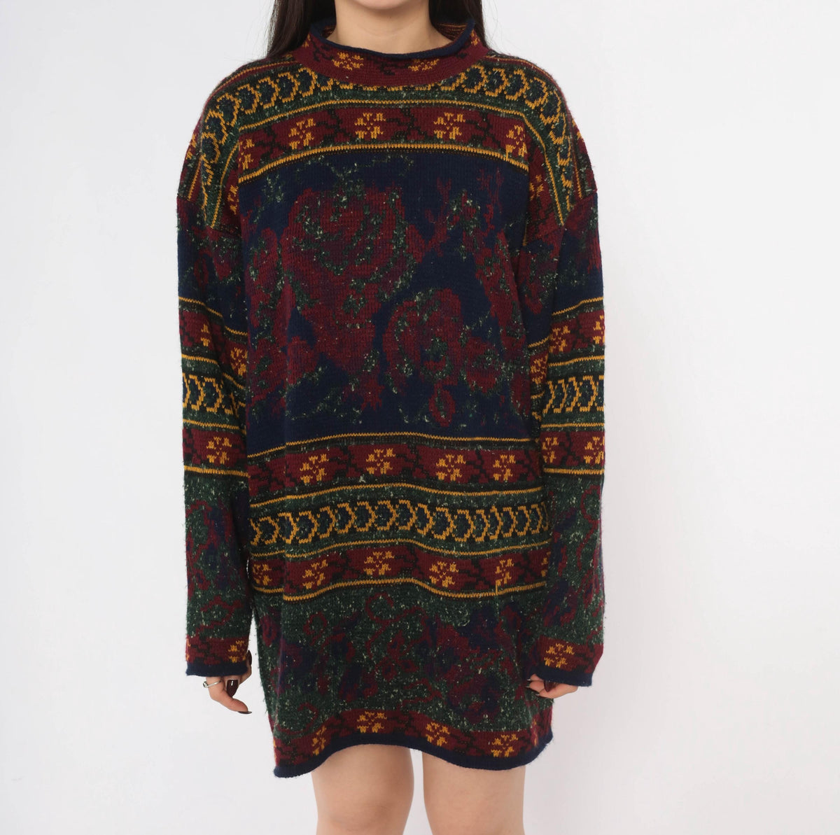 90s Colter Bay Sweater Dress Burgundy Navy Floral Fair Isle Mock Neck Medium