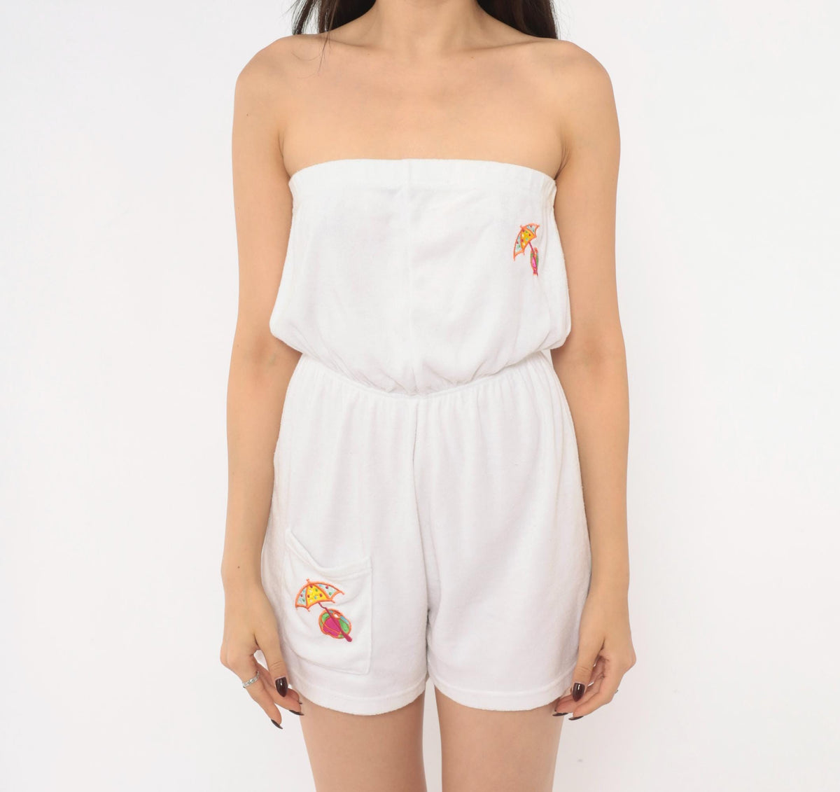 80s Bobbie Brooks White Strapless Terry Cloth Romper Umbrella Embroidered Small
