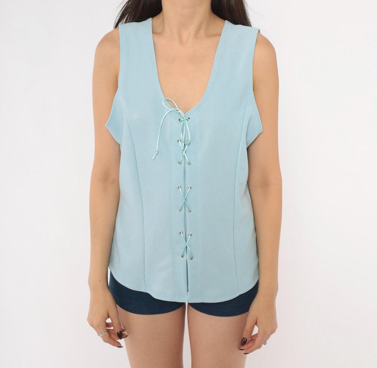 90s Awesome Wear Light Blue Lace-Up Tank Top Grommet Tie Front Large L