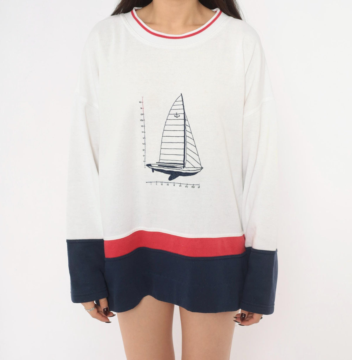 90s Kini Sailboat Embroidered Crewneck Sweatshirt White Navy Cotton Extra Large XXL