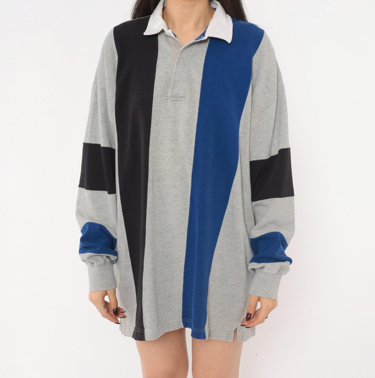 90s St. Johns Bay Rugby Shirt Colorblock Grey Navy Cotton Medium