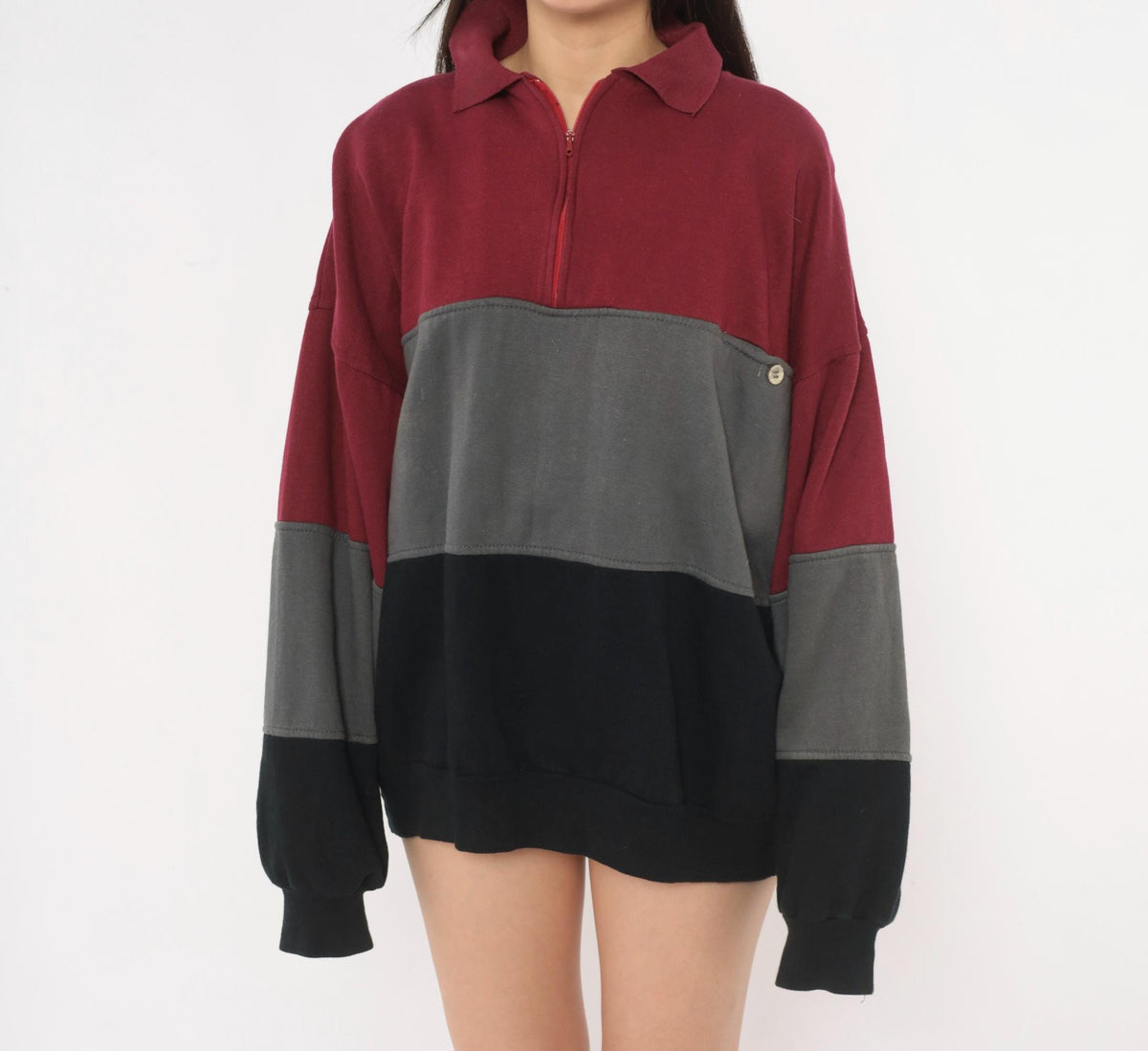 90s Colorblock Quarter Zip Sweatshirt Burgundy Grey Black Extra Large