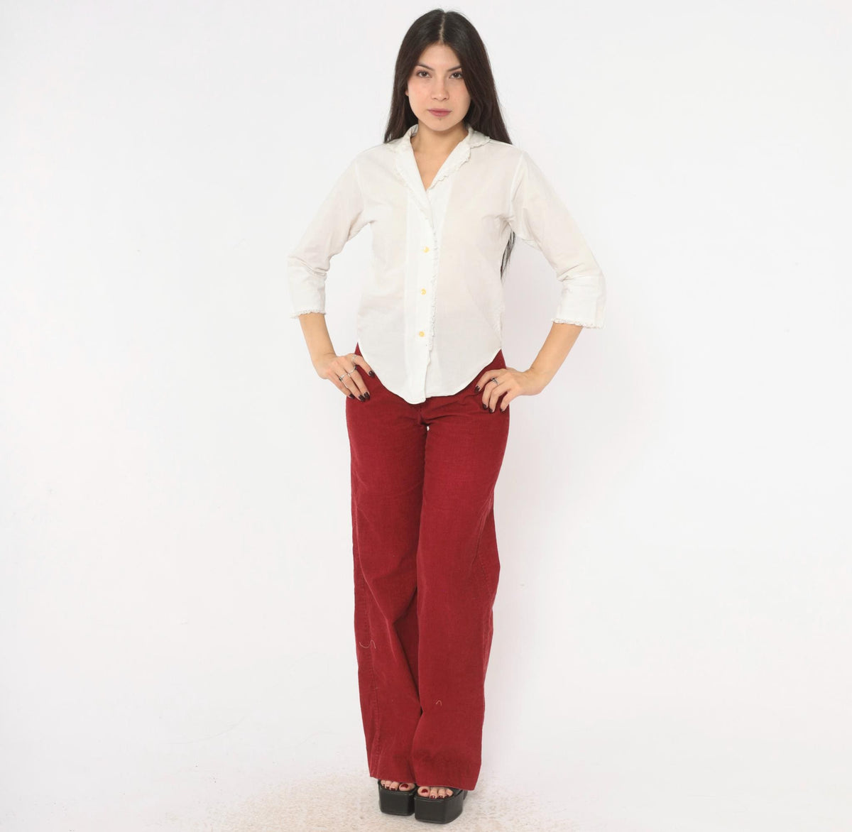 70s Lady Manhattan White Cotton Blouse Lace Trim V Neck Three Quarter Sleeve Extra Small