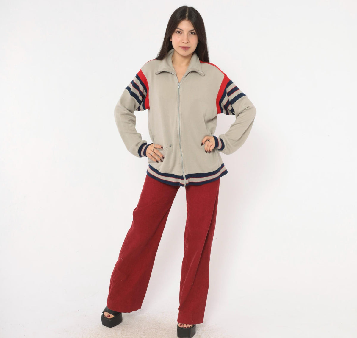 80s Track & Court Zip Jacket Grey Navy Red Stripe Bomber Medium