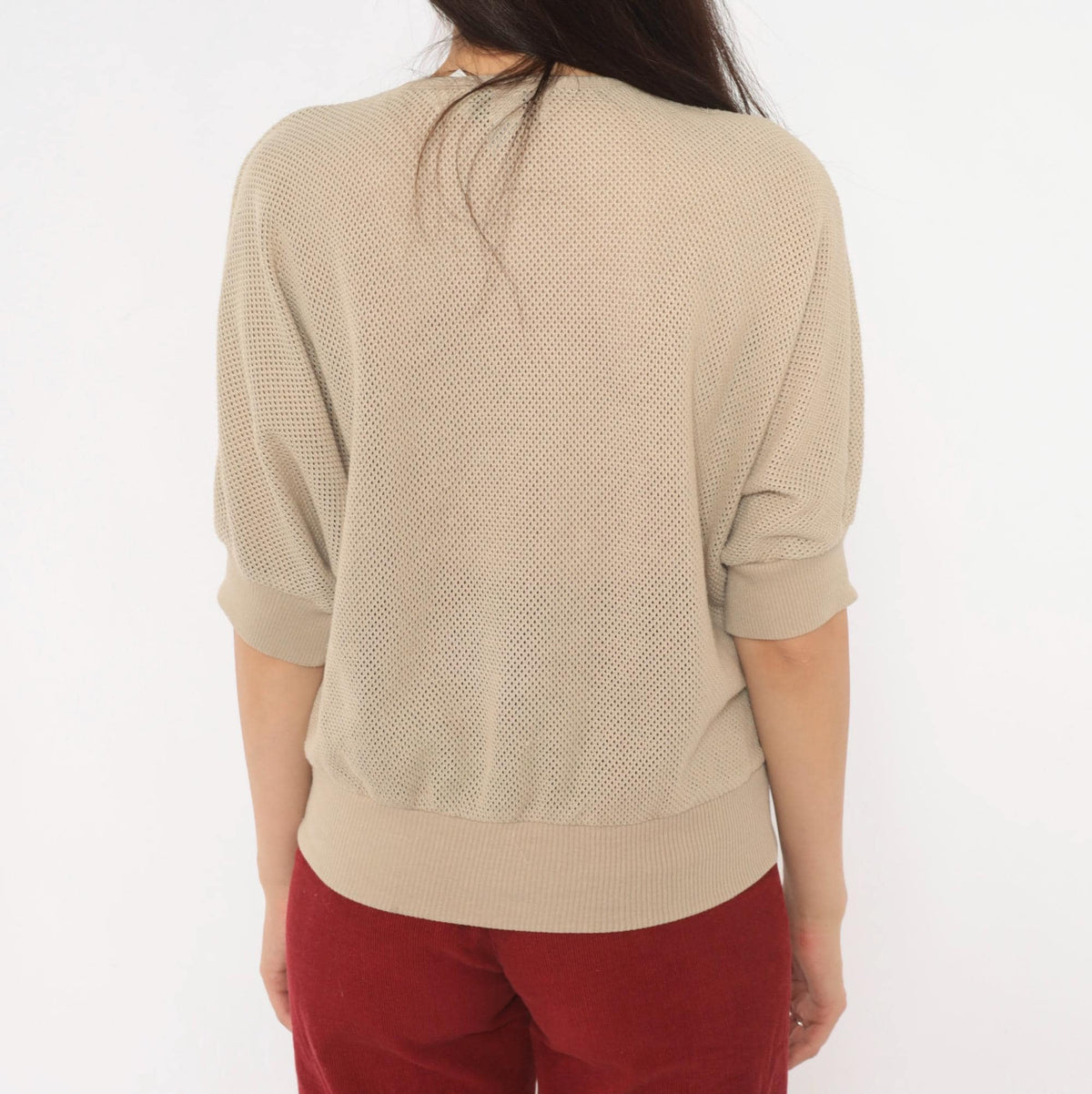 80s Stephanie Beige Mesh Knit Top Dolman Batwing Butterfly Appliqué Medium