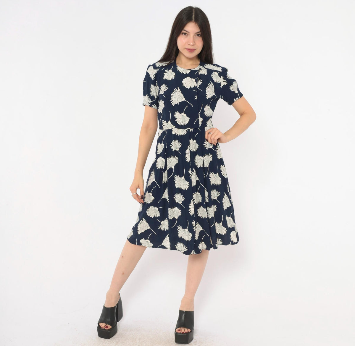 90s Liz Claiborne Navy Floral Dress White Daisy Print Puff Sleeve Small S