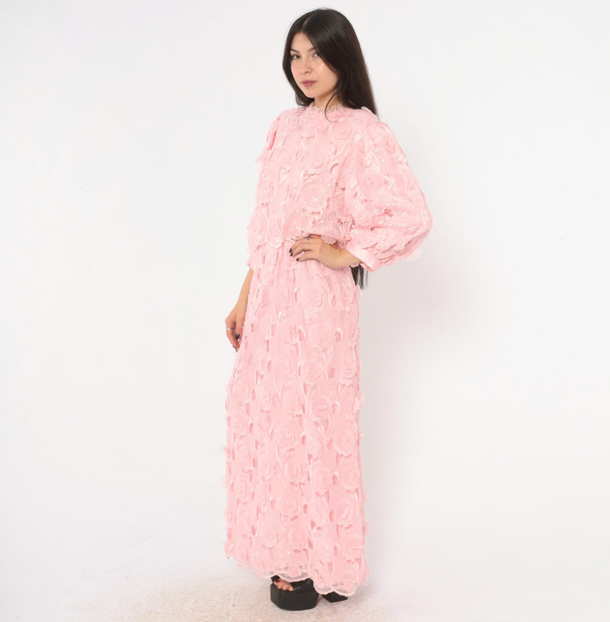 80s Bernadette Designs Pink Maxi Dress Floral Embroidered Puff Sleeve Large L