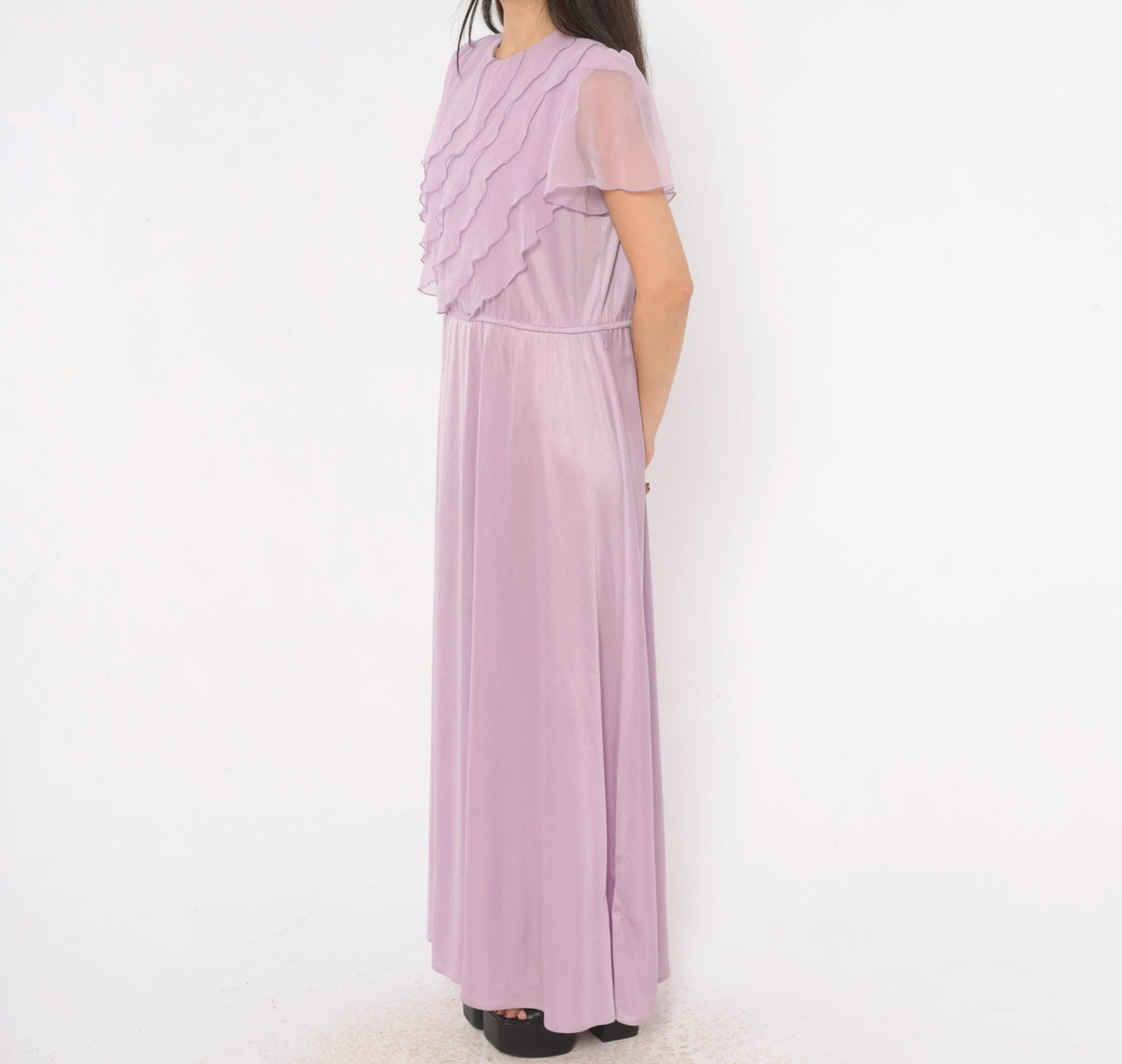 70s Lilac Chiffon Maxi Dress Flutter Sleeve A-Line Purple Pastel Large L