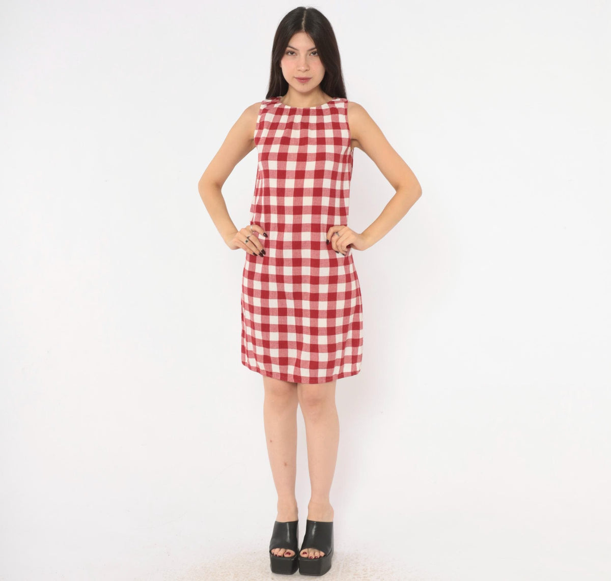 Y2K Red Gingham Sleeveless A-Line Dress Knee Length Medium M