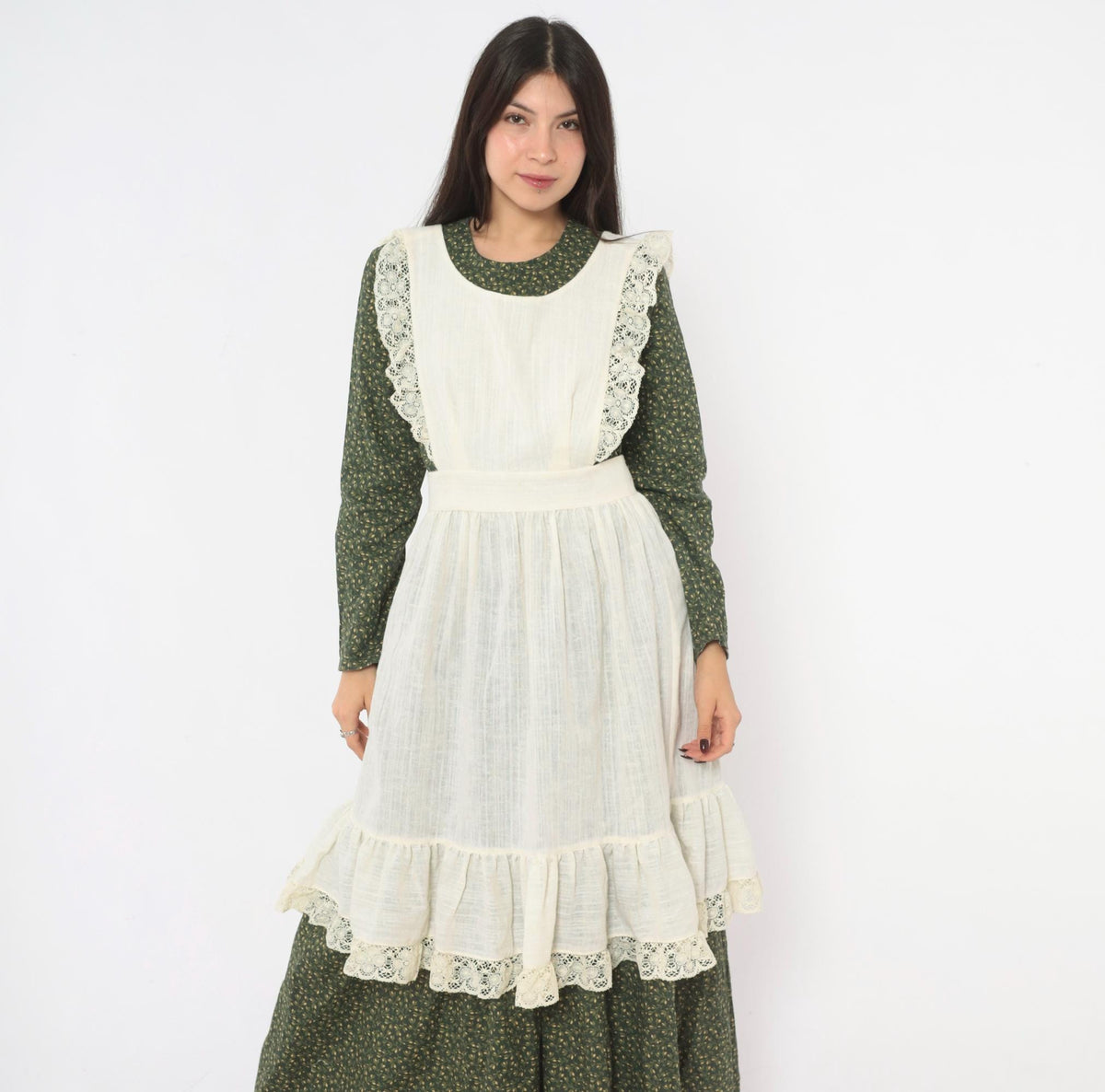 70s Cream Linen Pinafore Apron Dress Crochet Lace Ruffle Tie Back