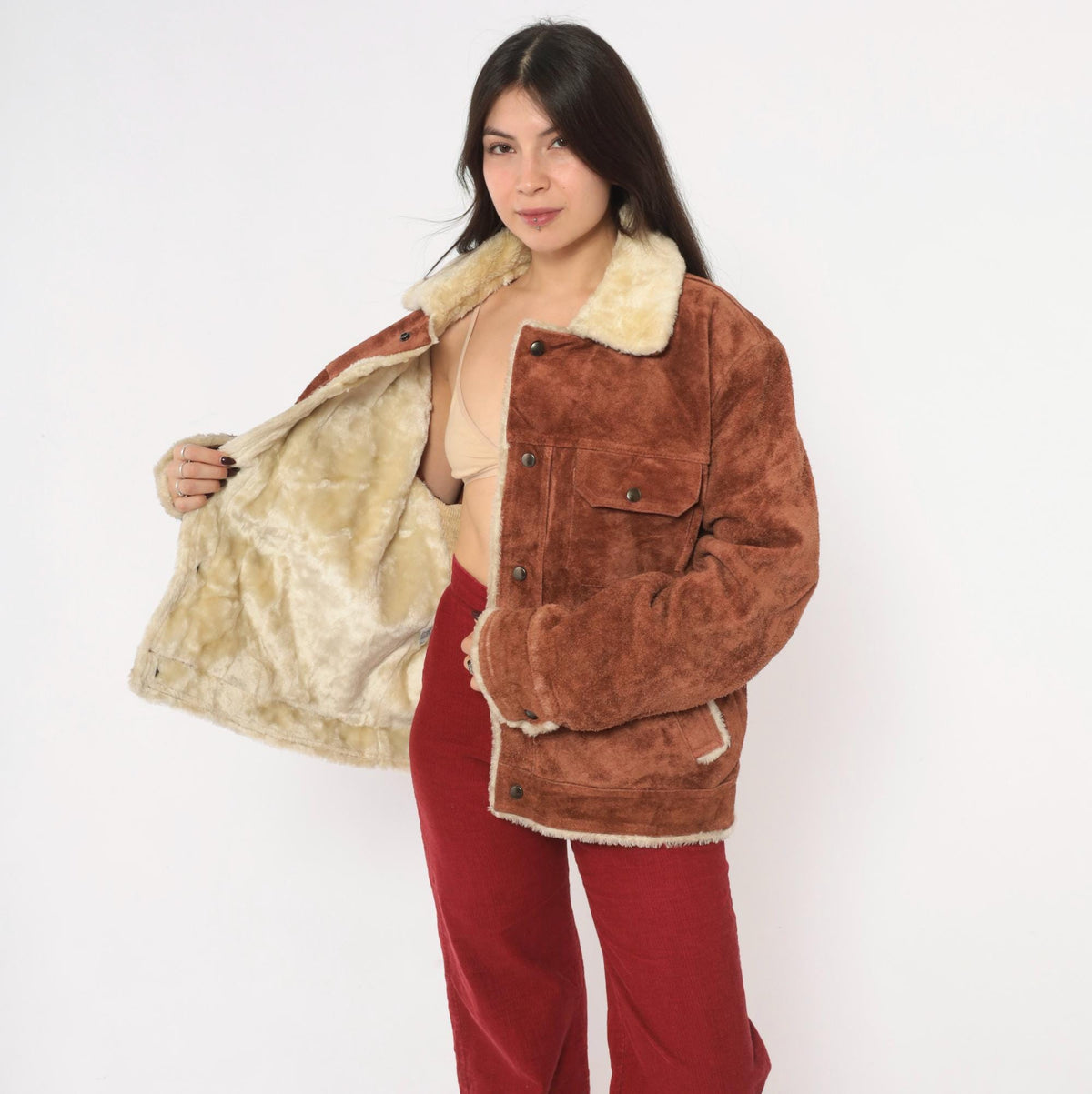 70s Grande Bay Brown Suede Trucker Jacket Shearling Lined Medium