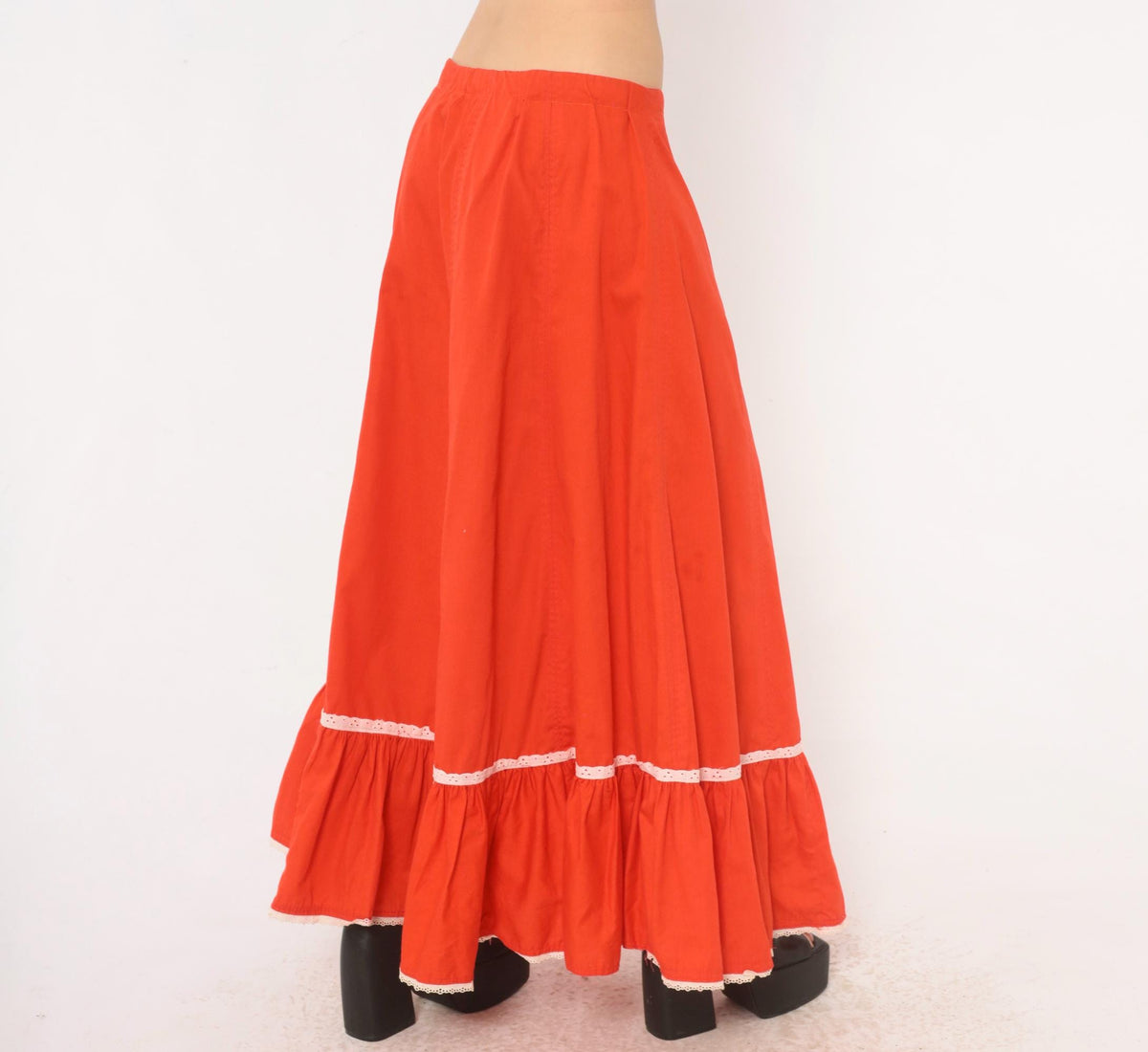 70s Orange Prairie Skirt Tiered Ruffle Eyelet Lace Trim Ankle Length Large