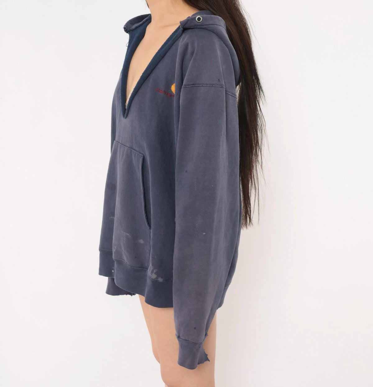 Y2K Carhartt Navy Hooded Sweatshirt Distressed Raglan Cotton Large
