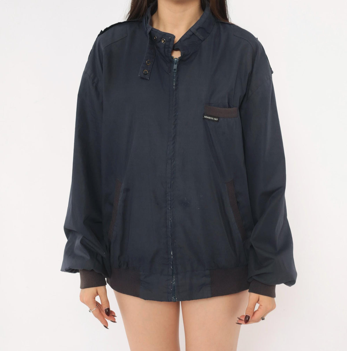 80s Members Only Bomber Jacket Navy Blue Zip Front Stand Collar Large L