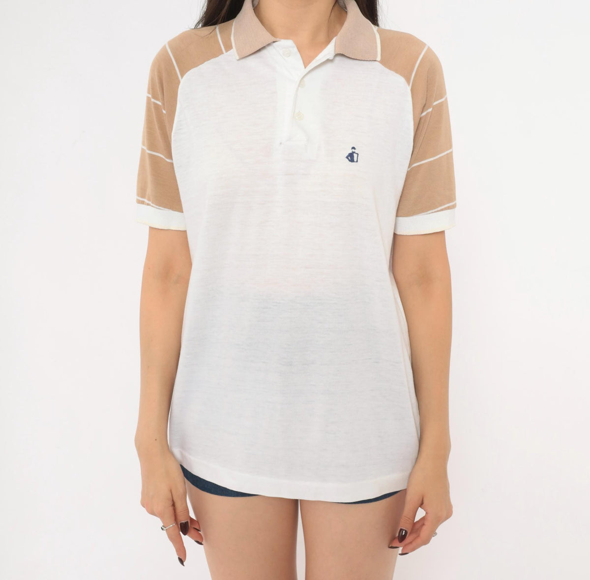 80s Colorblock Polo Shirt Raglan Striped White Tan Knit Medium
