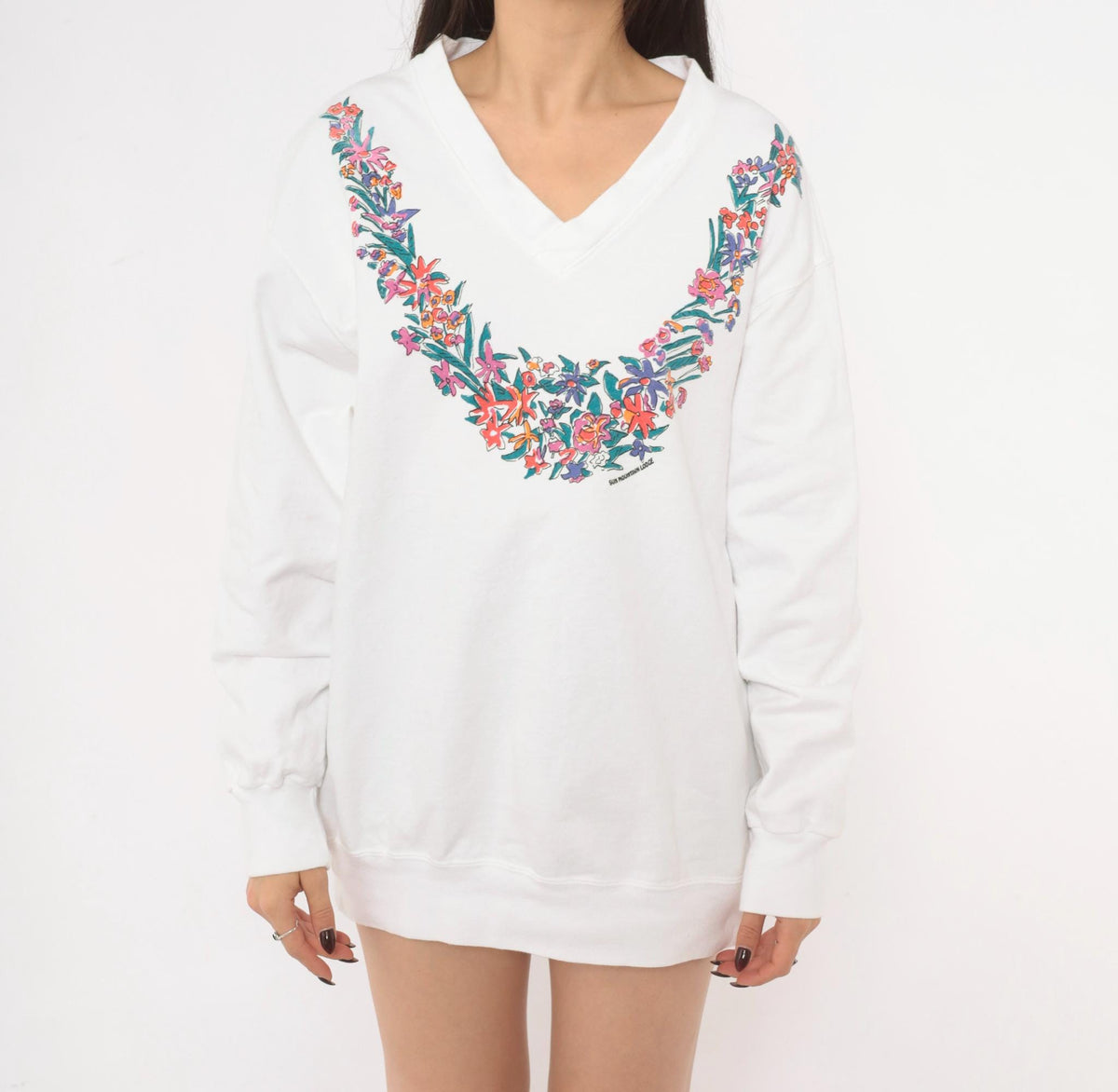 90s L.A. Sportswear Floral V-Neck Sweatshirt White Cotton Pullover Medium M