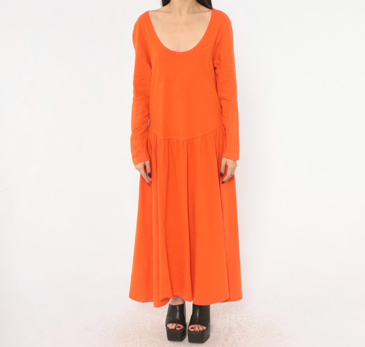 90s Oakbrook Sport Orange Cotton Dress Drop Waist Long Sleeve Medium