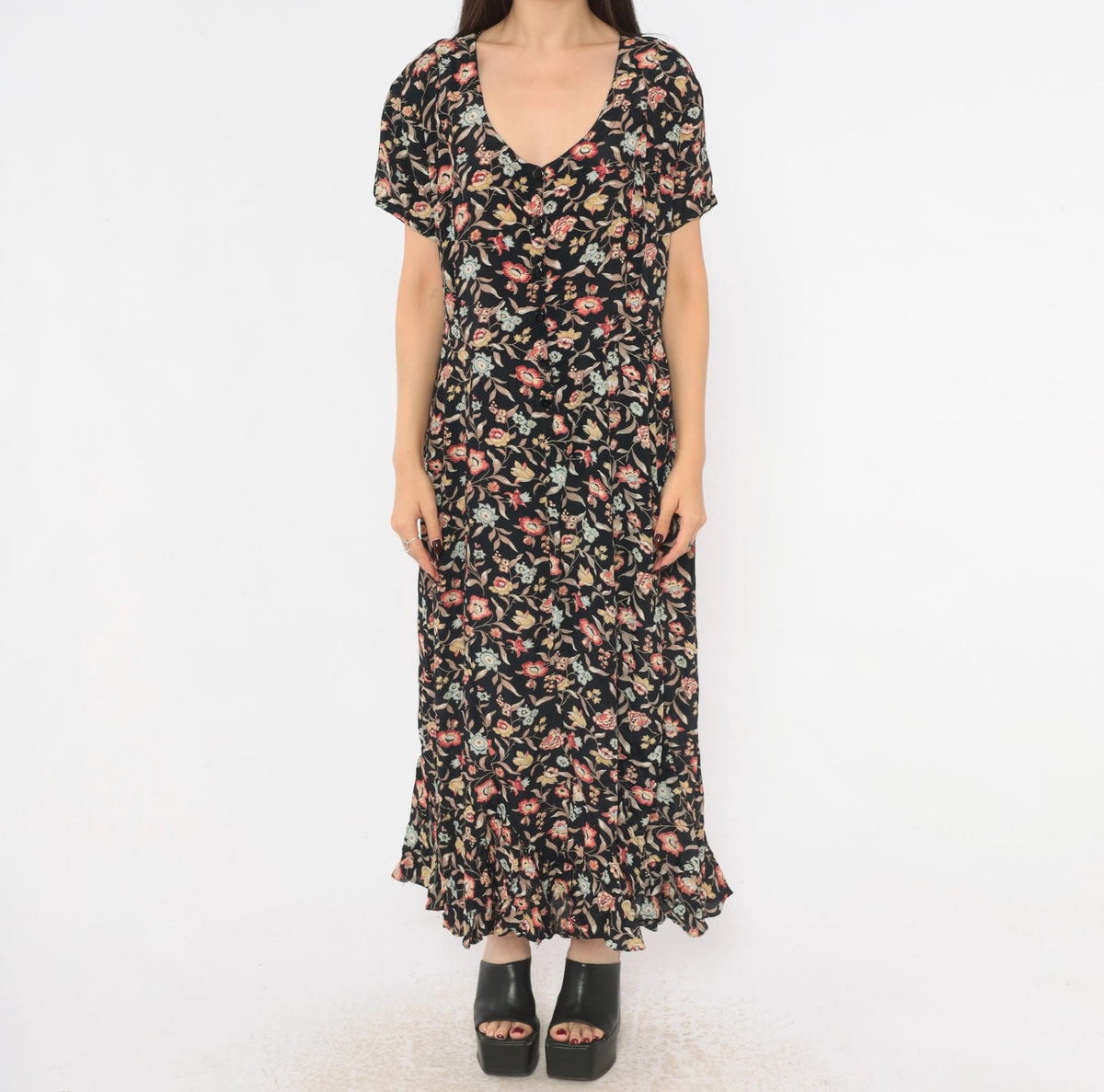 90s Contempo Casuals Black Floral Midi Dress Button Front V Neck Large L