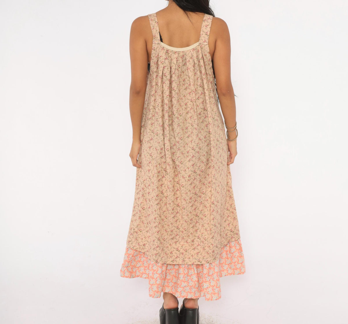 80s Floral Midi Sundress Beige Pink Cotton Square Neck Pleated Bodice Large